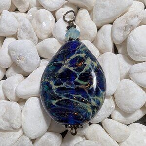 Vintage 90s Handmade Glass Lampwork Bead - Murano Glass - Blue Pendant